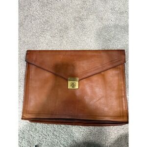 Vintage Cheney England Leather Briefcase Folio Tan Brass Lock 11 1/2" by 15 1/2"